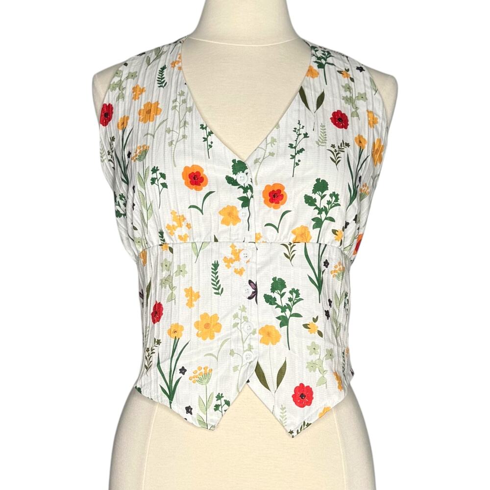 Floral Crop Top Halter Button Up Smocked Open Back Boho Cottagecore White XL
